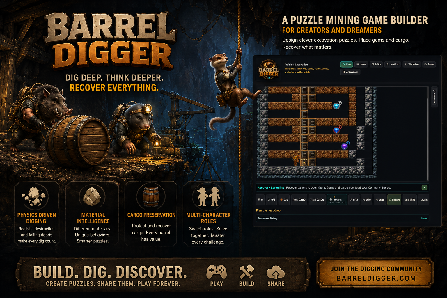 BarrelDash marketing artwork showing a physics-driven underground recovery game with digging, cargo, materials, and gameplay interface.